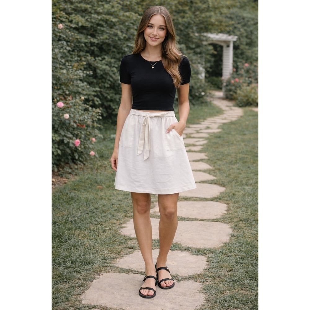 J.Crew Linen Cotton Tie-Waist Skirt A-Line Pull On White Large